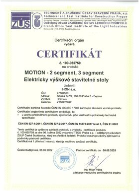 Certifikát o zhode pre stoly MOTION