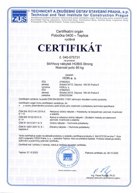 Certifikát nosnosti políc skríň STRONG